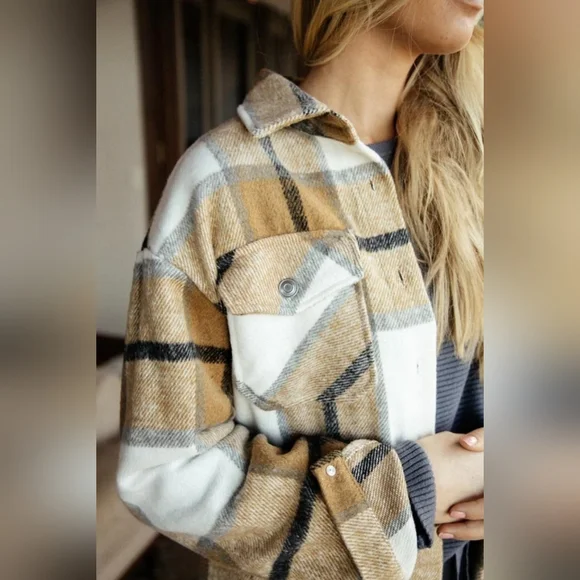 NEW Cozy Retro 70's Flannel Plaid Shacket Top Jacket Brown Tan White Gray - Picture 11 of 14